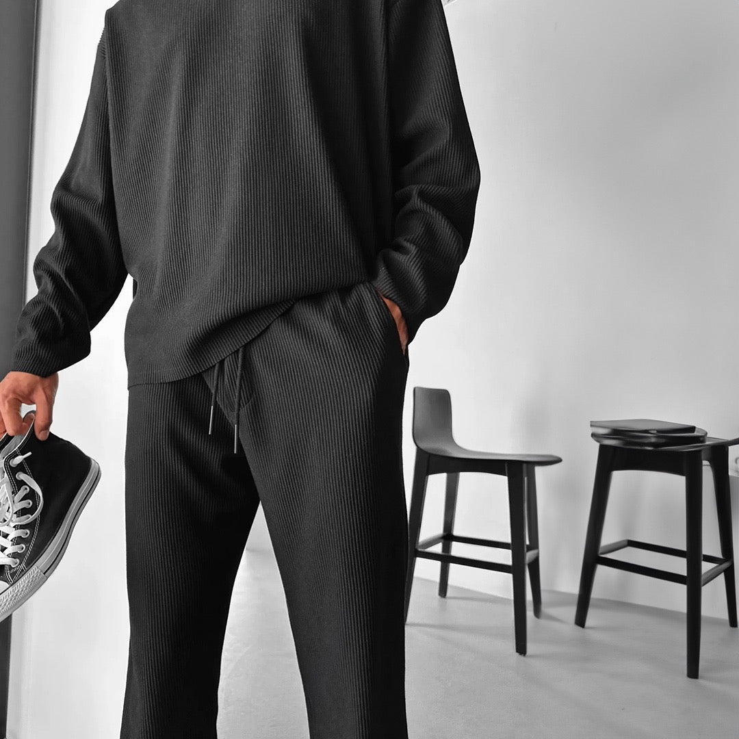 O Neck T-Shirt & Trouser Set - Black