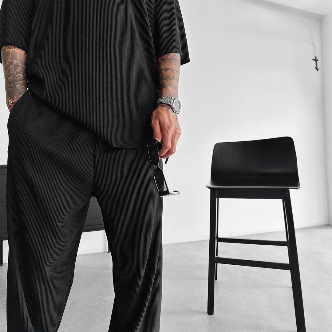 O Neck T-Shirt & Trouser Set - Black