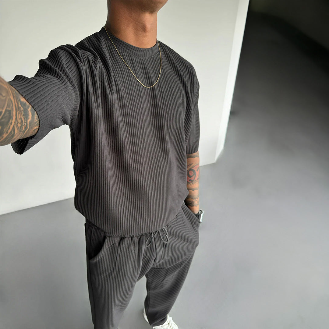 O Neck T-Shirt & Trouser Set - Anthracite