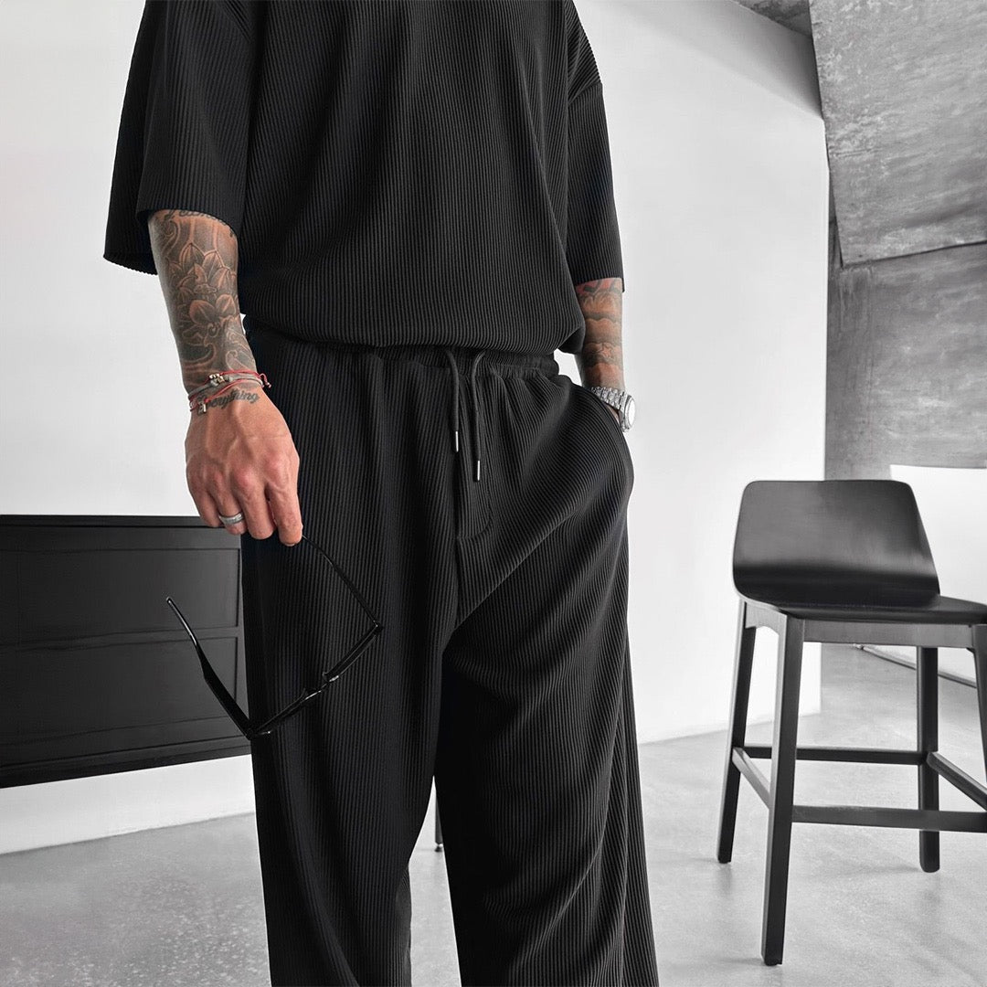 O Neck T-Shirt & Trouser Set - Black