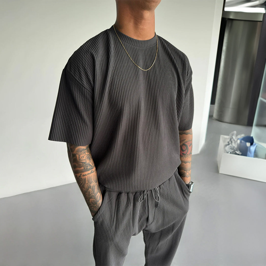 O Neck T-Shirt & Trouser Set - Anthracite