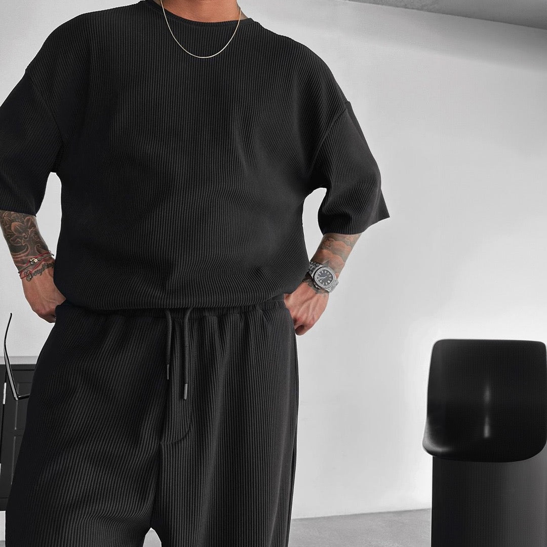 O Neck T-Shirt & Trouser Set - Black