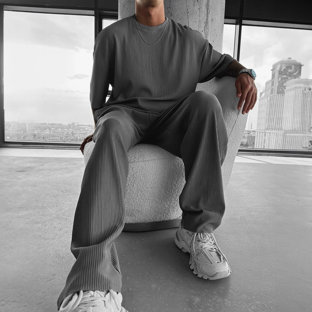 O Neck T-Shirt & Trouser Set - Anthracite