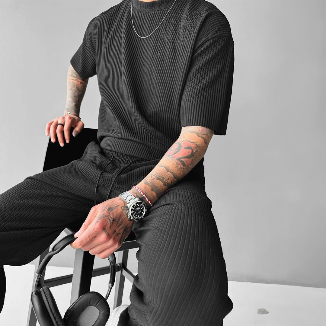 O Neck T-Shirt & Trouser Set - Black