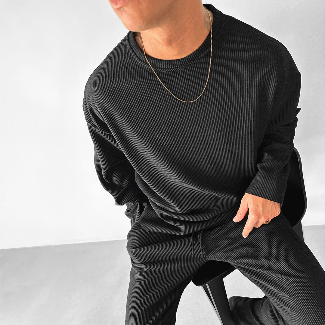 O Neck T-Shirt & Trouser Set - Black